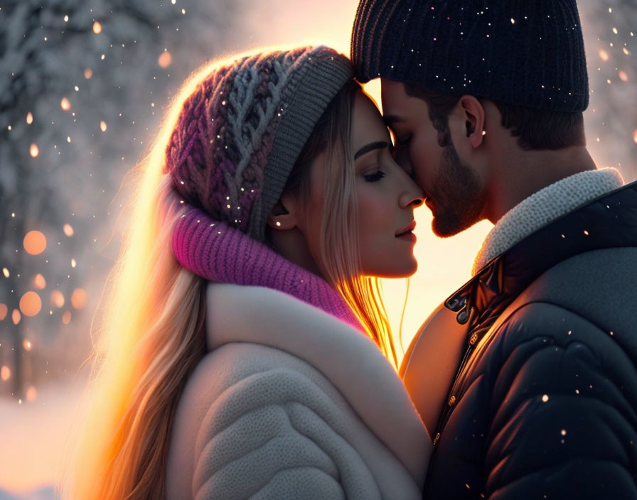 Embracing Couple in Winter Attire Snowfall Scene