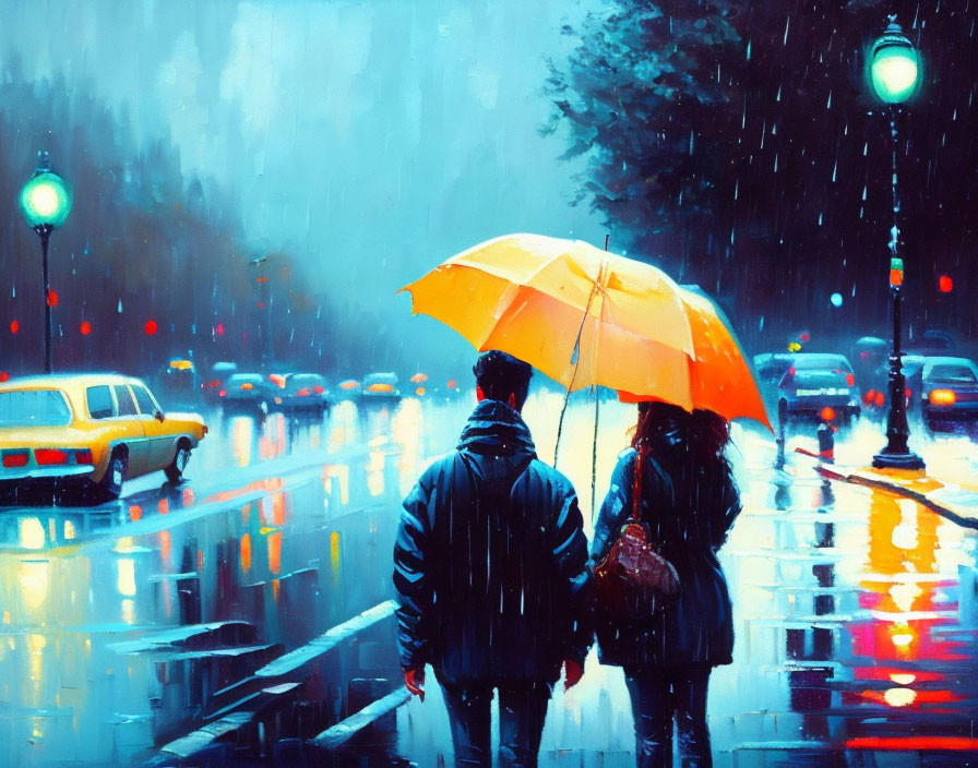 Night city scene: Two people under yellow umbrella in rain, lit by street lamps and car lights.