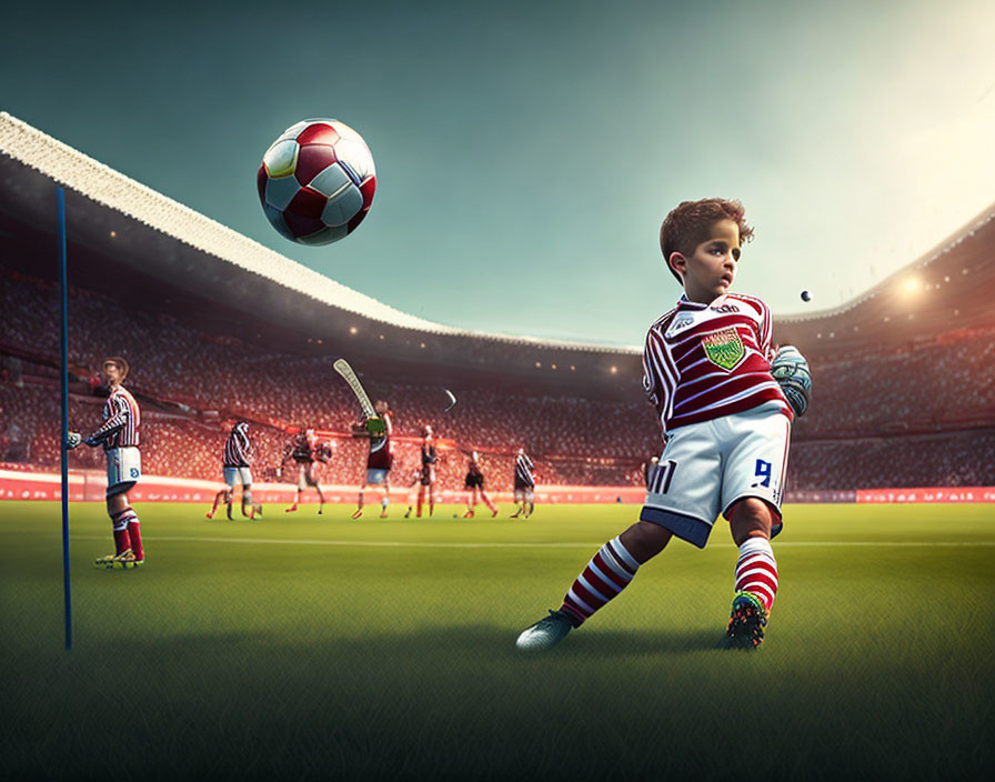 Child in striped soccer kit dribbling football on stadium pitch.