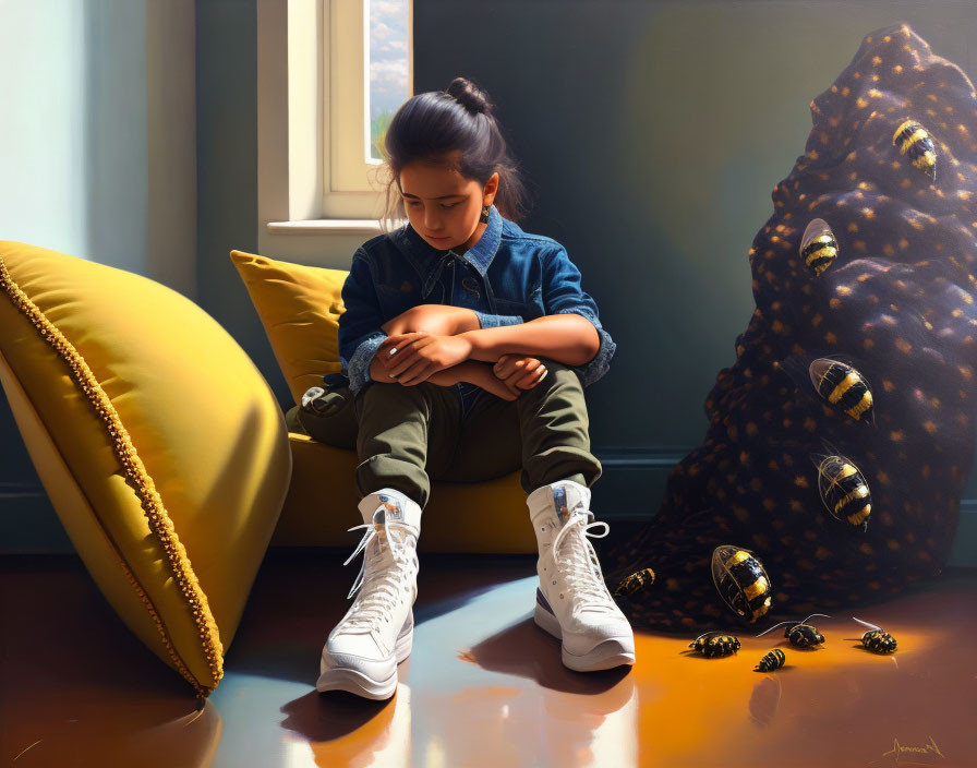 Young girl surrounded by cushions and metallic bees in contemplative pose.