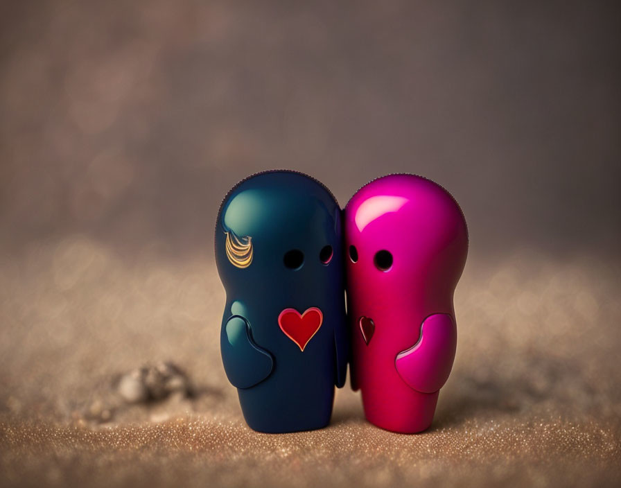 Hugging Blue and Pink Figurines on Glittery Beige Background