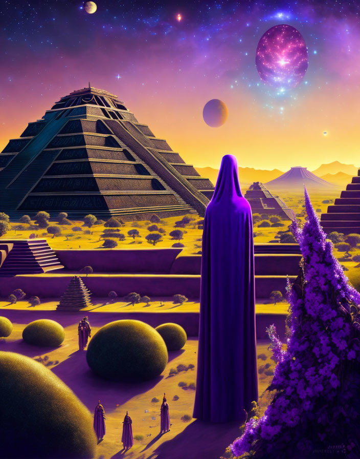 Surreal twilight landscape with pyramid, robed figures, purple planets, vibrant flora