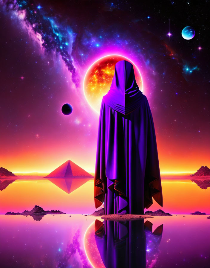 Cloaked figure in cosmic landscape with nebulas, eclipsed sun, planets, and purple sky