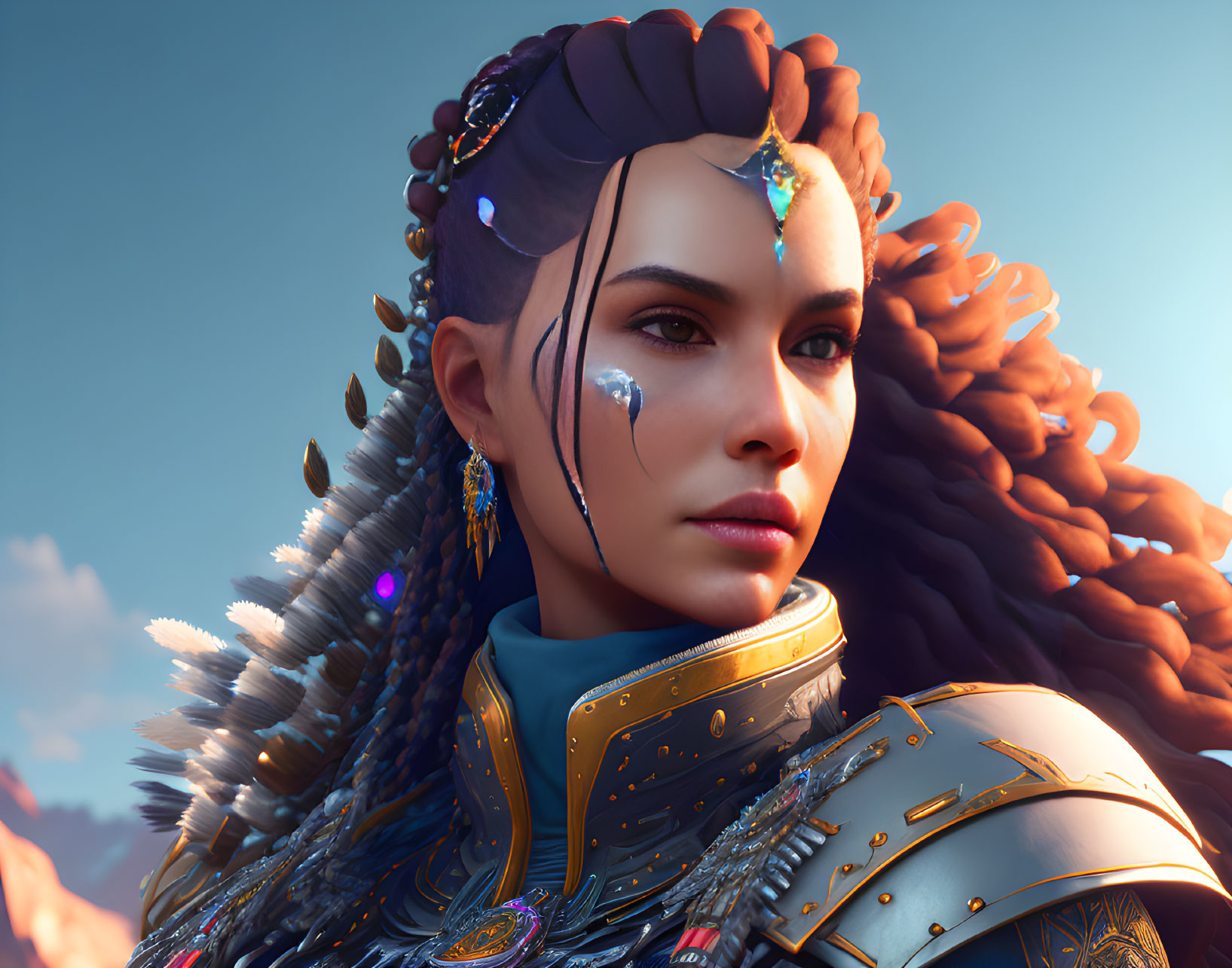 3D-rendered image of woman with elaborate hair, beaded feathers, and ornate blue-g