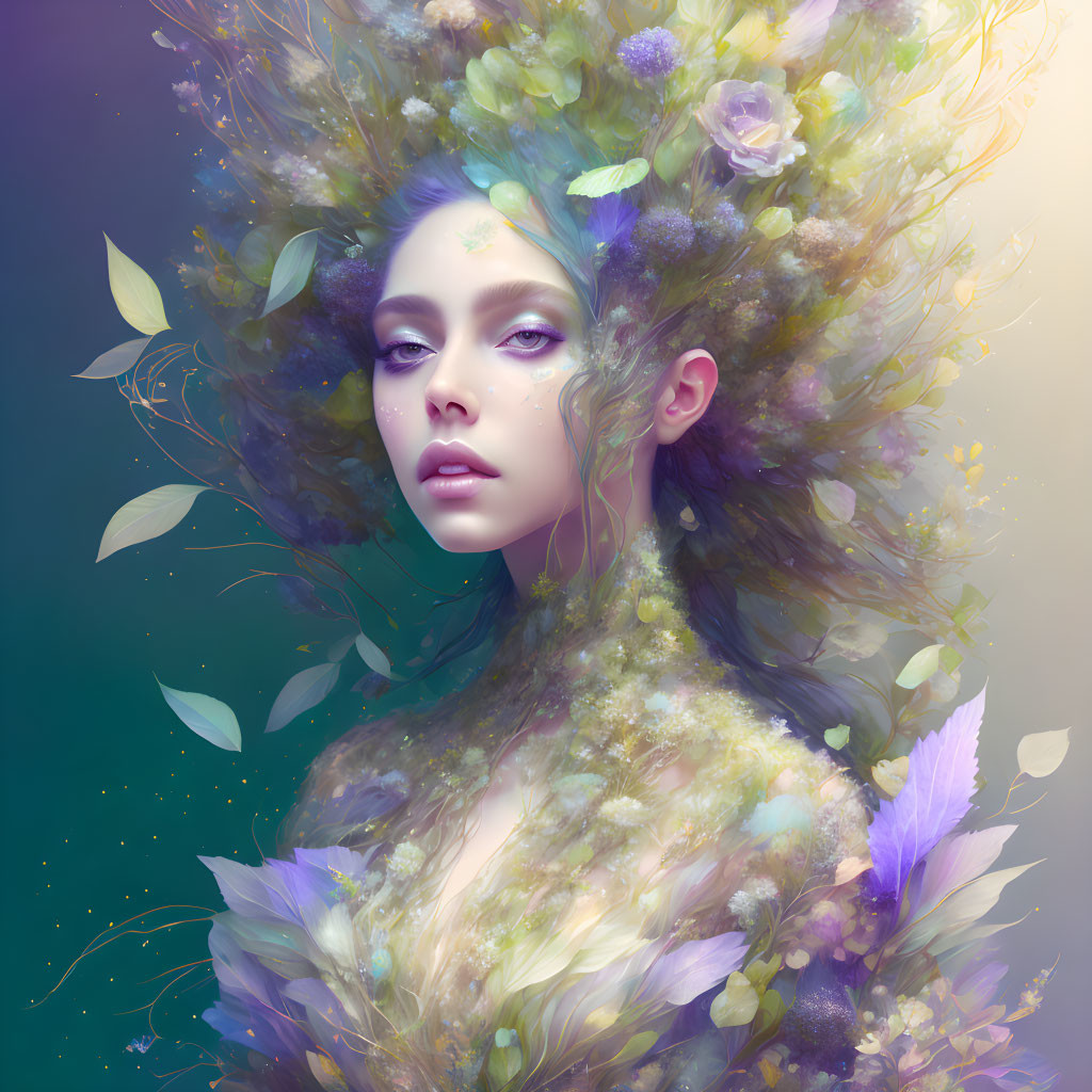 Blue-skinned woman with floral hair portrait in fantastical setting