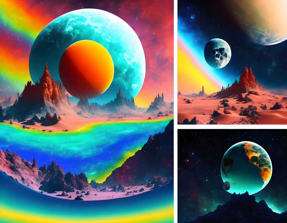 Four Vibrant Sci-Fi Landscape Collage with Celestial Bodies and Alien Terrains