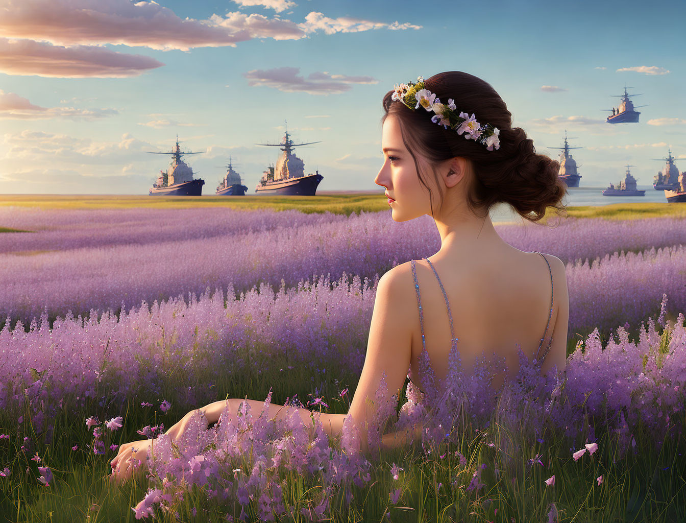 Woman with floral headpiece in lavender field watching ships at sunset