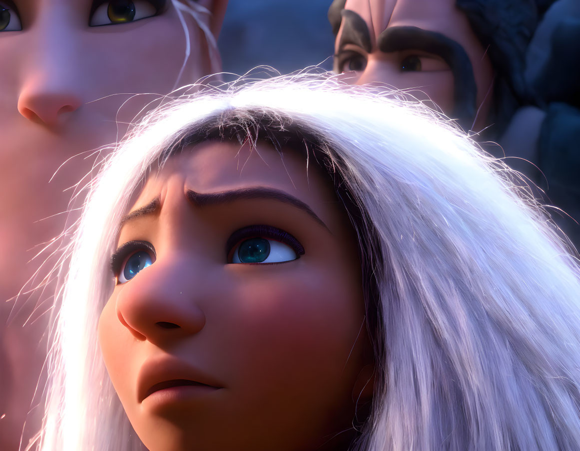 Three animated characters with concerned expressions, one with white hair and wide, anxious eyes.