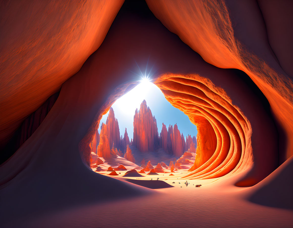 Vibrant orange rock formations in a fantastical desert landscape