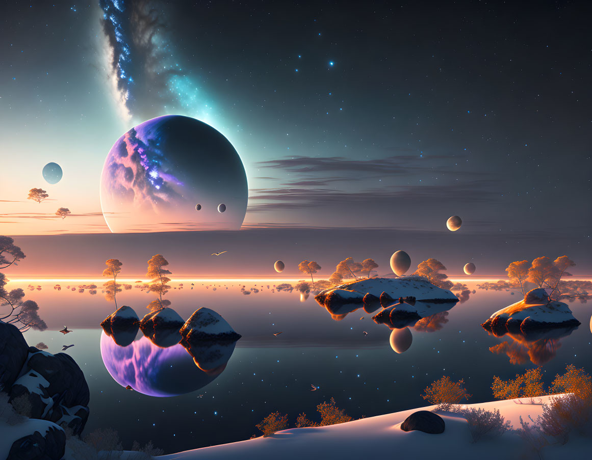 Sci-fi landscape with floating islands, snow, celestial bodies, and starry sky reflected in water