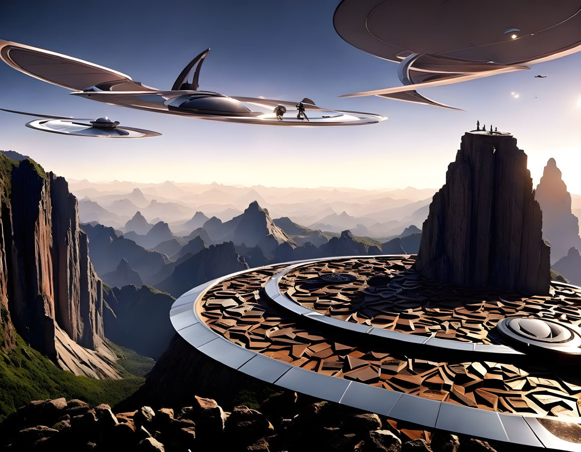 Futuristic cityscape with flying vehicles, cliffs, circular structure, and mountainous backdrop