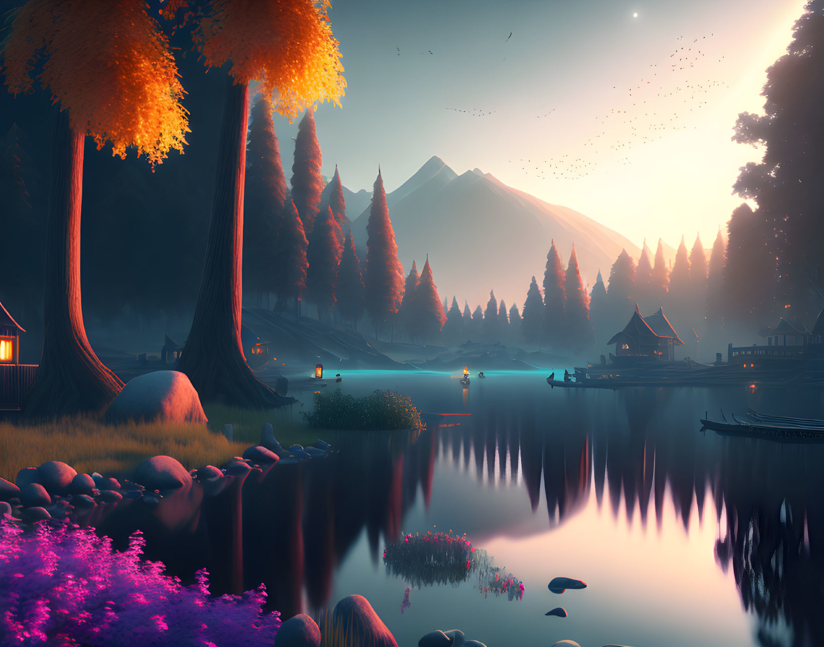 Twilight landscape with reflective lake, glowing trees, traditional houses, and starry sky