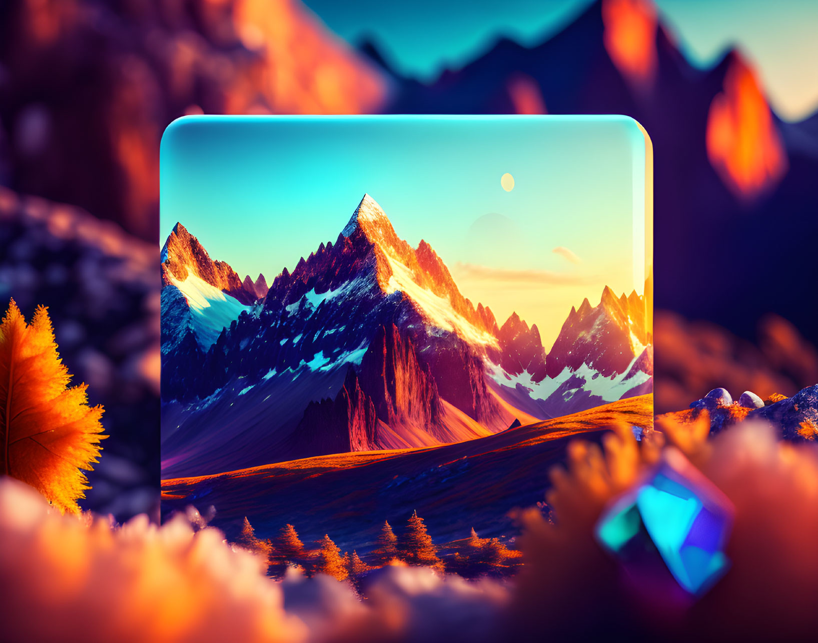 Digital artwork: Computer monitor displays surreal vibrant mountain landscape with sunset, autumn leaves, and floating crystal.