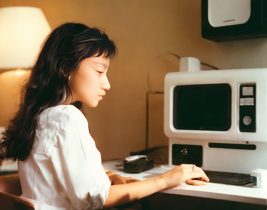 Dark-haired woman sitting at vintage computer in warm ambient light