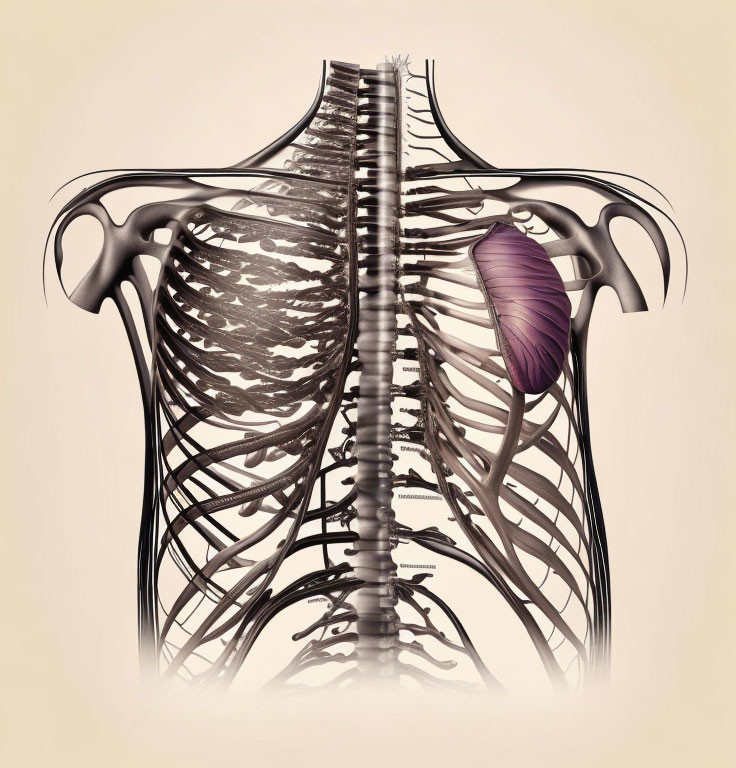 Detailed illustration of human ribcage, spine, and lung on beige background