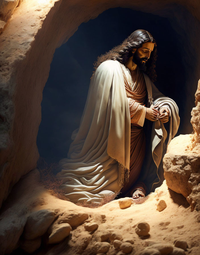 Bearded Figure in Robes Sitting in Dimly Lit Cave