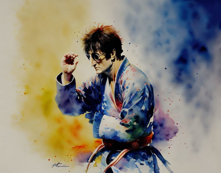 Colorful Watercolor Painting of Martial Artist in Dynamic Pose