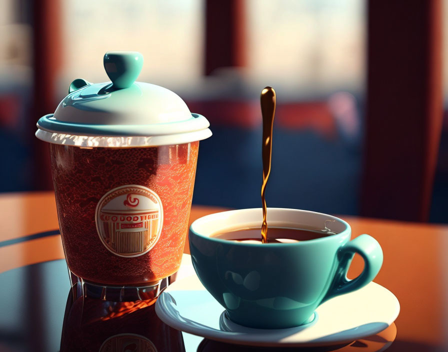 Teal cup with spoon, coffee splash, and closed takeaway cup on saucer