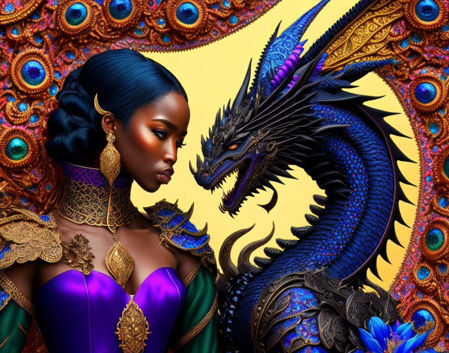 Regal woman and blue dragon on golden fractal backdrop