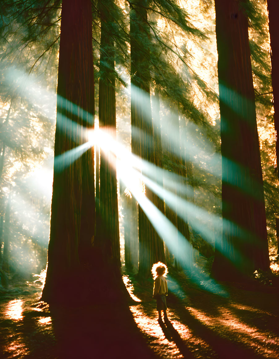 Person surrounded by towering trees in radiant sunlight