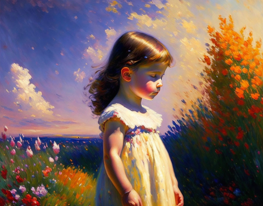 Young girl in white dress contemplatively standing in colorful flower field.