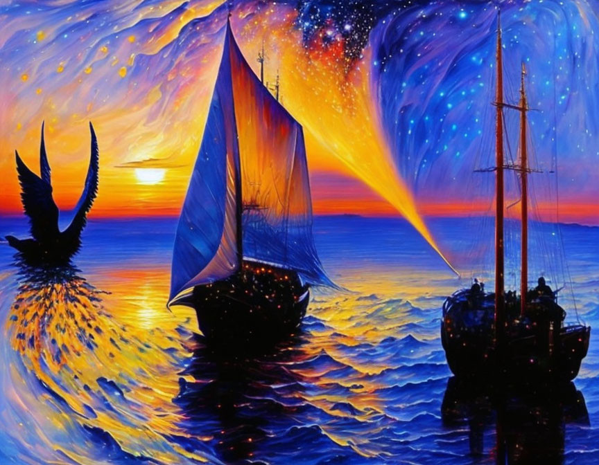 Colorful sunset ocean scene with sailing ship and bird silhouette in cosmic sky