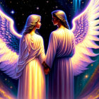 Glowing angels with halos and outstretched wings in celestial setting