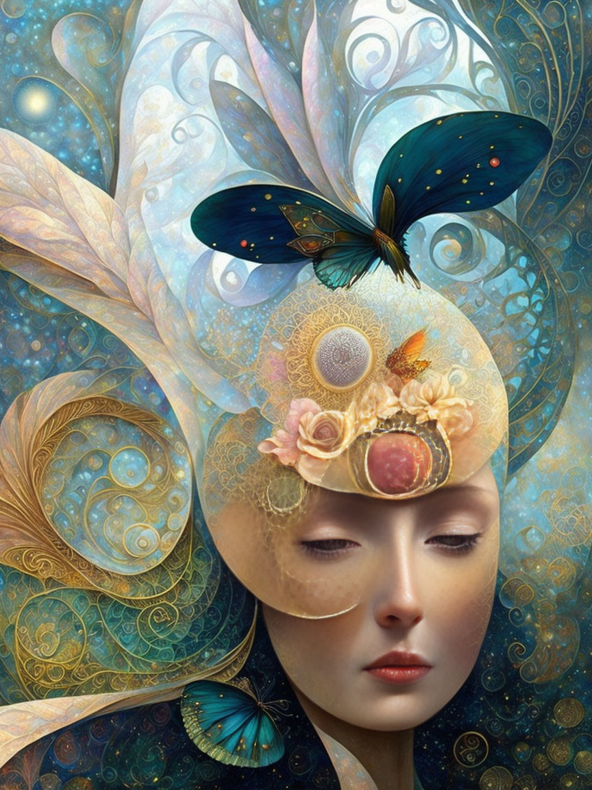 Portrait of serene woman with closed eyes, floral elements, butterflies, and swirling patterns in pastel colors