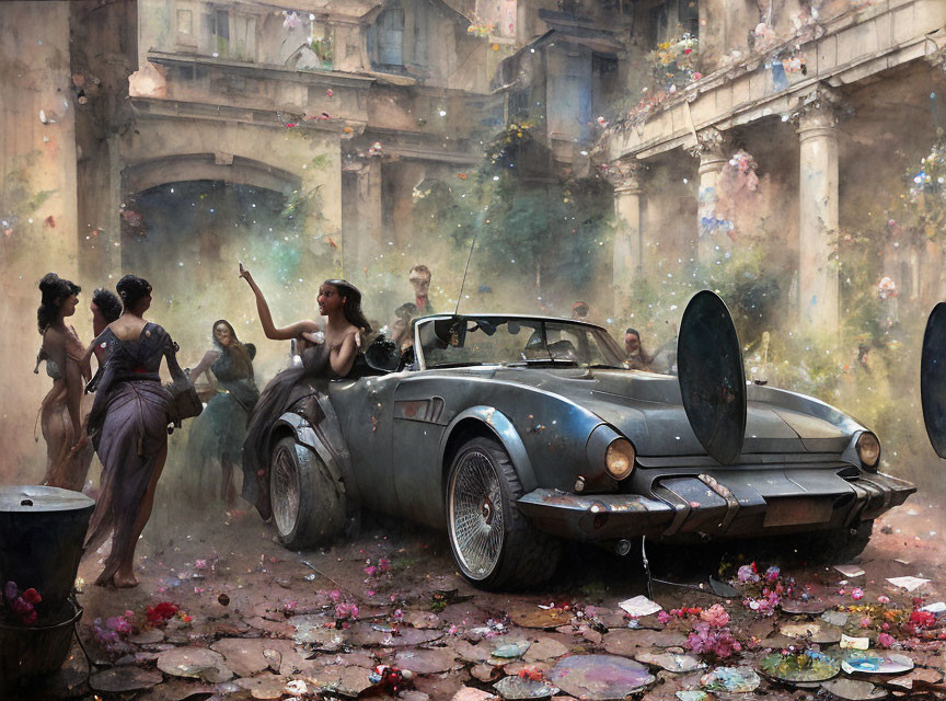 Ethereal women in flowing dresses near classic convertible car in ruins