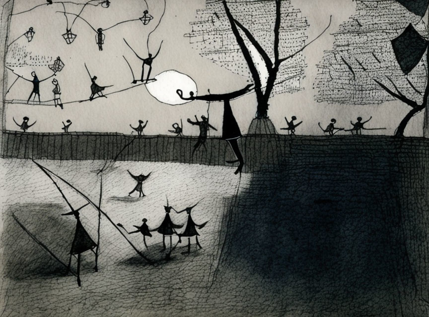 Monochromatic artwork of whimsical figures with kites and crescent moon