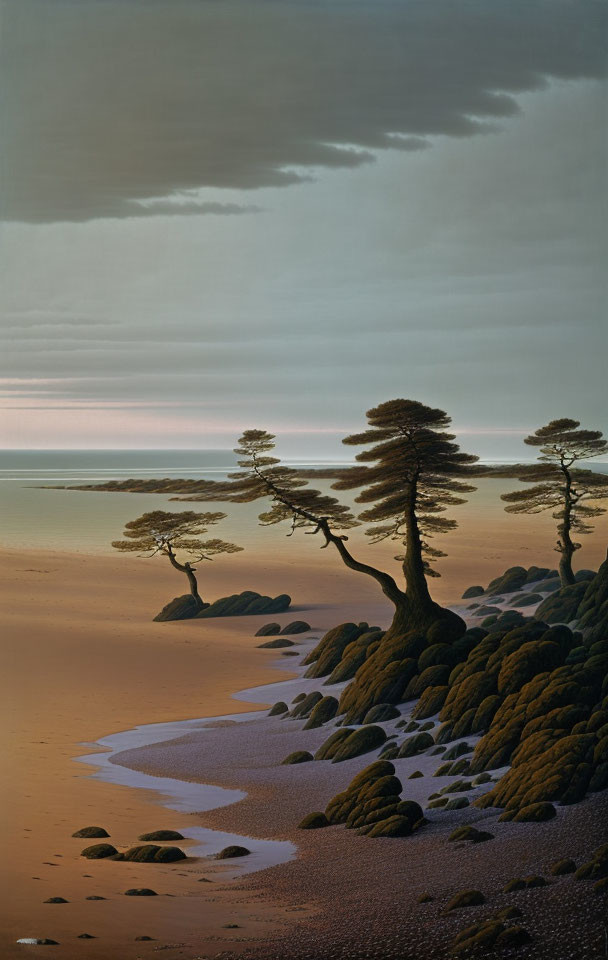 Twilight beach scene with silhouetted pine trees, moss-covered rocks, and calm sea.