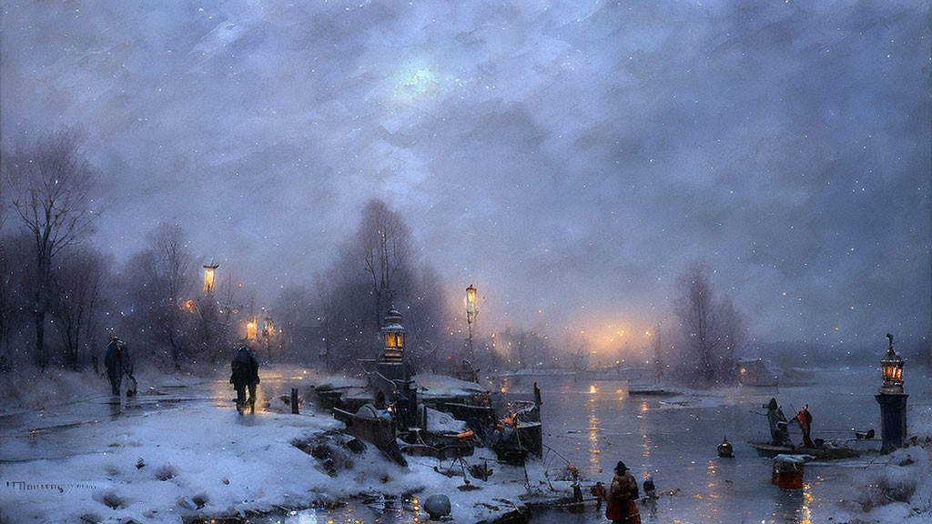 Snowy Evening Scene: River, Walking People, Boats, Glowing Lamps, Dus