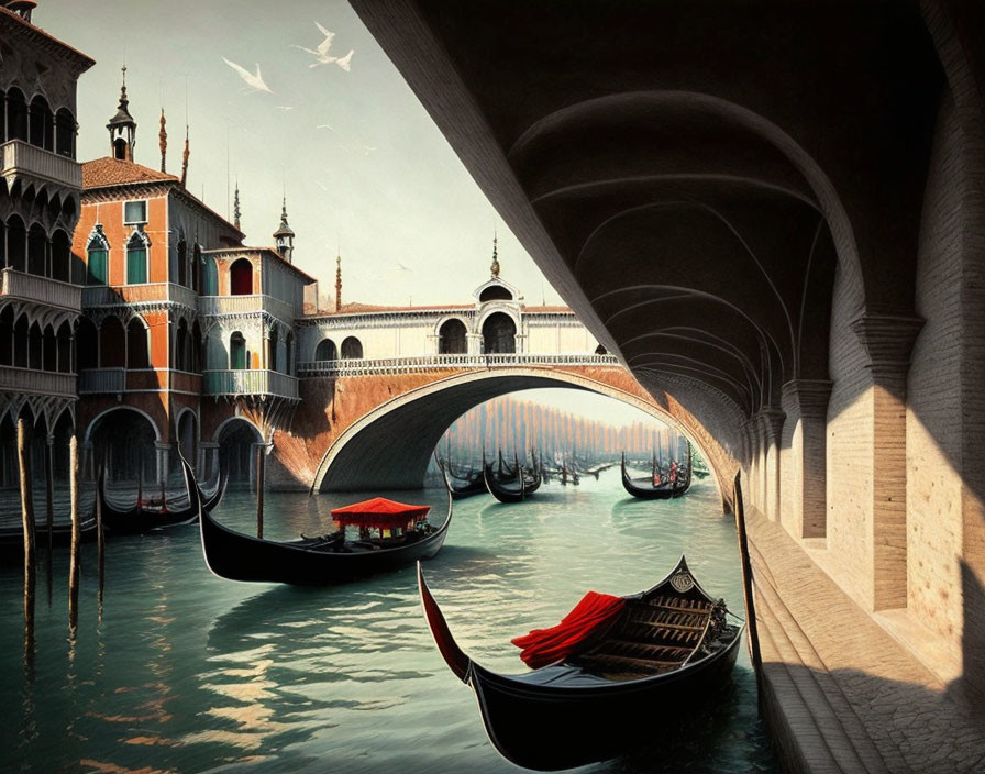 Venetian canal with gondolas, ornate bridge, and archways under bird-filled sky