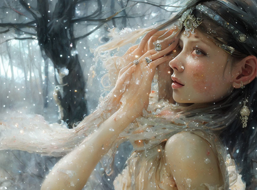 Ethereal woman in delicate jewelry in snowy forest setting