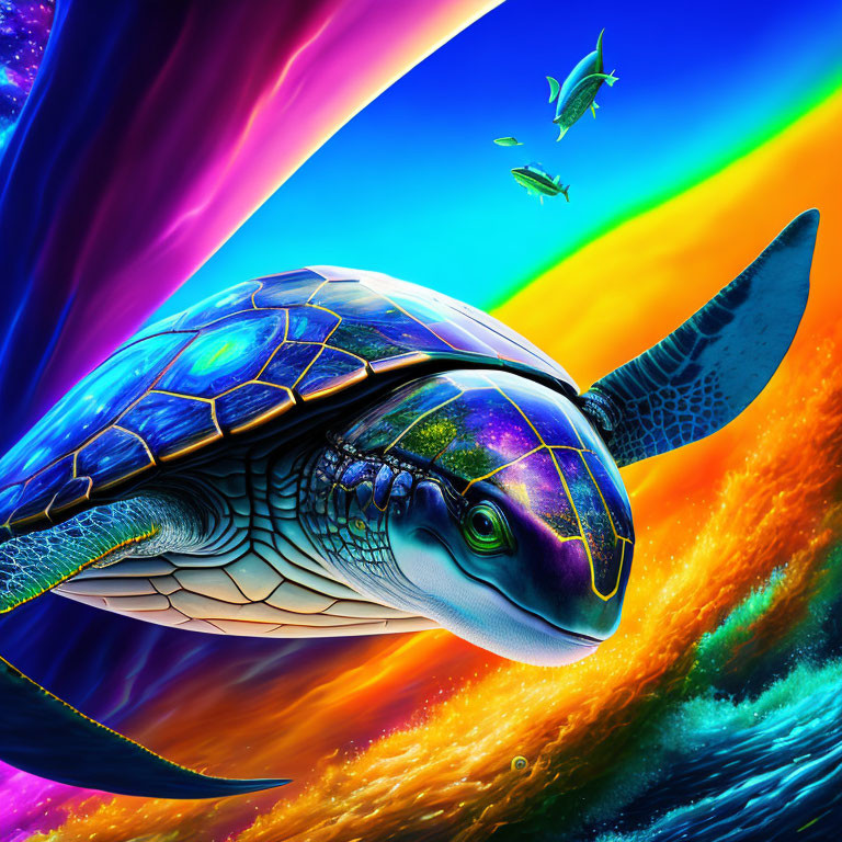 Colorful Sea Turtle Swimming in Neon Ocean with Small Fish