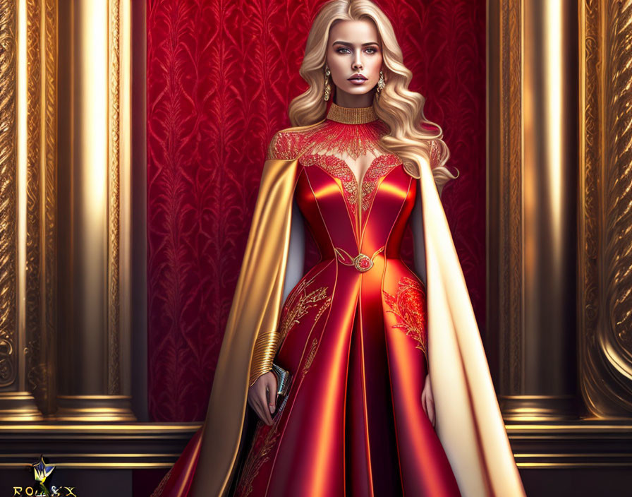 Elegant woman in red and gold gown with ornate patterns and luxurious backdrop