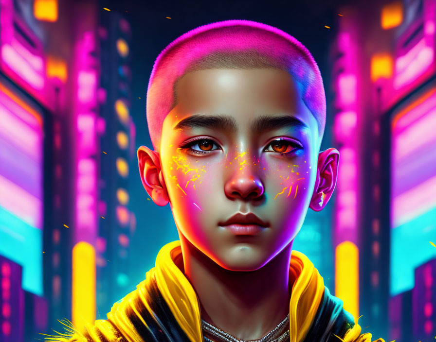 Digital art portrait featuring person with buzz cut, neon paint splatters, and vibrant cityscape.