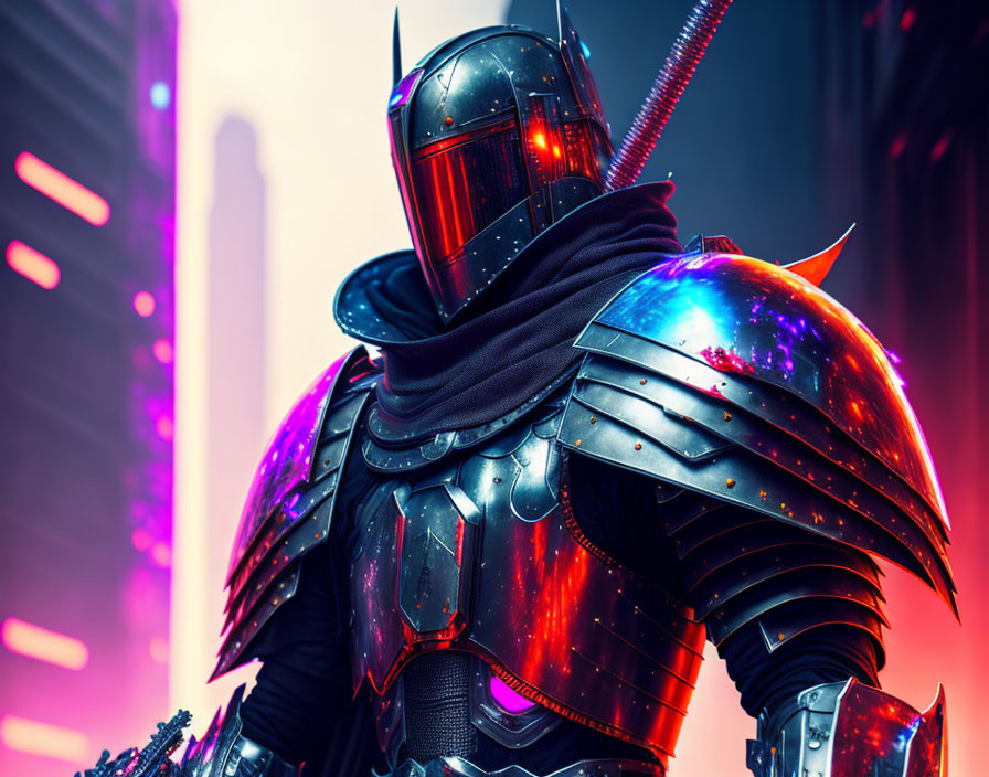 Detailed futuristic knight armor on person against neon-lit background