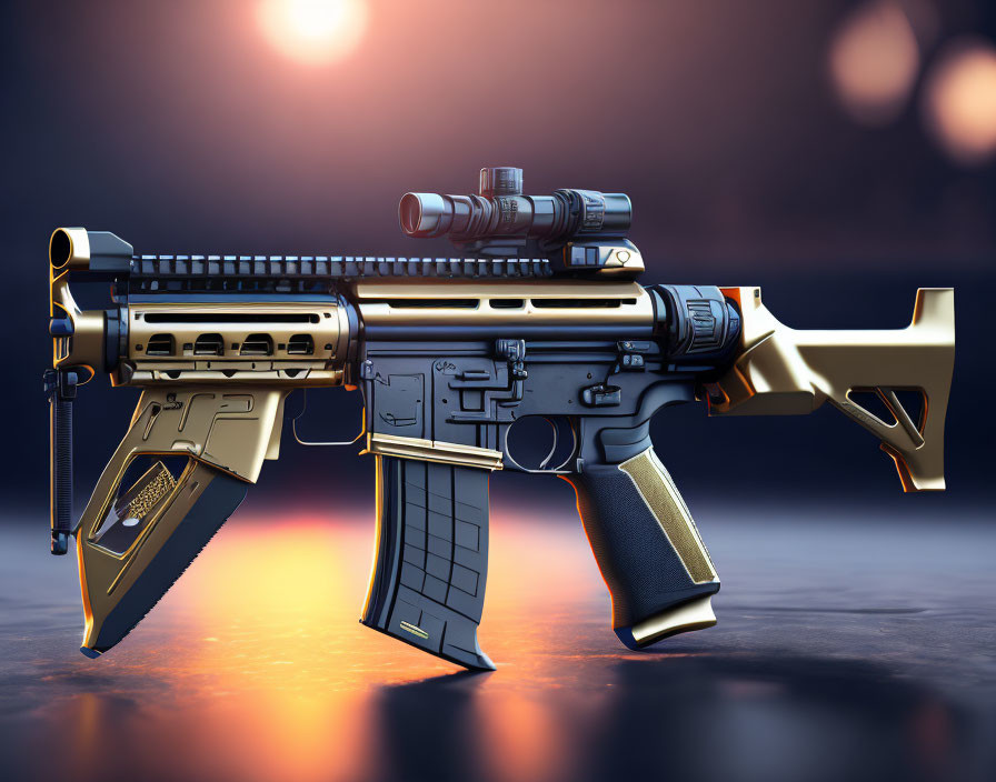 Gold and black assault rifle with scope on blurred background