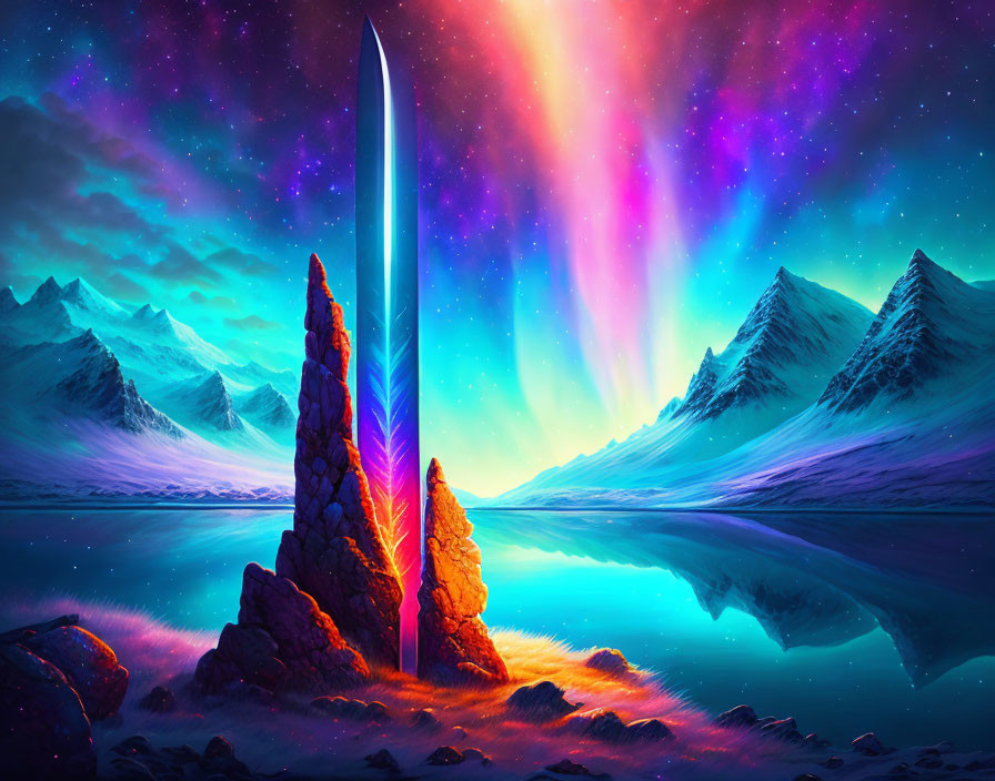 Majestic aurora over snow-capped mountains with luminous sword in rocky outcrop