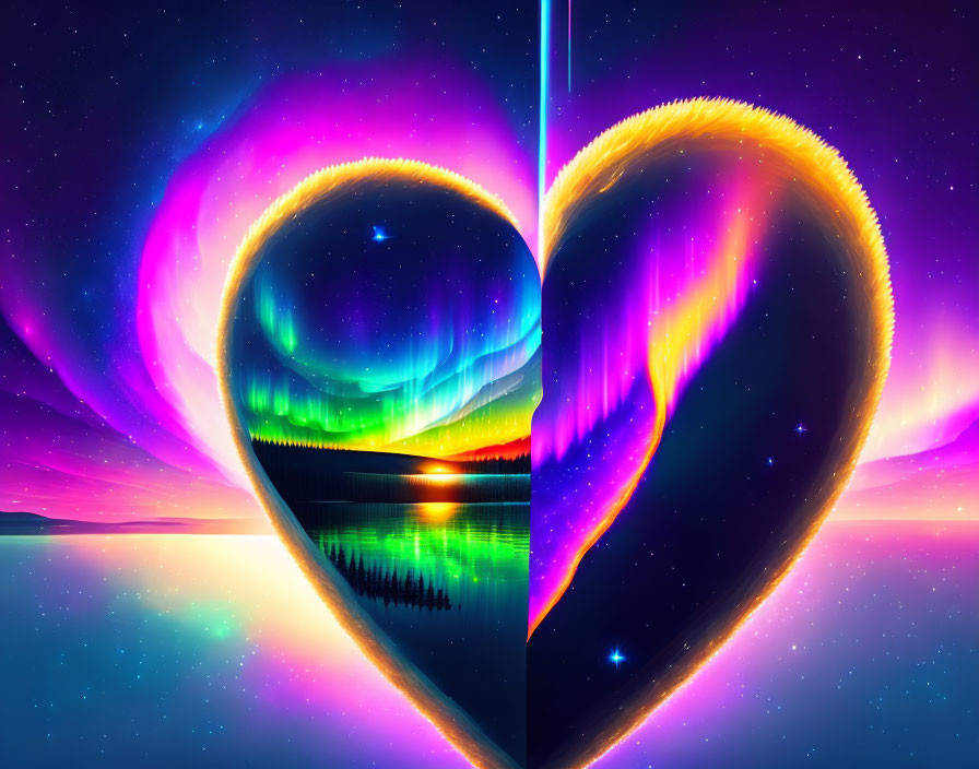 Colorful heart-shaped aurora over serene water and starry sky