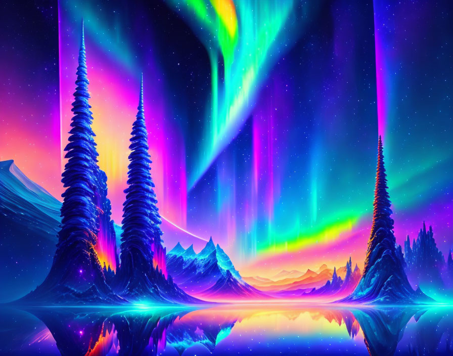 Colorful digital artwork: aurora over neon landscape, spiraling trees, mountains, reflective lake