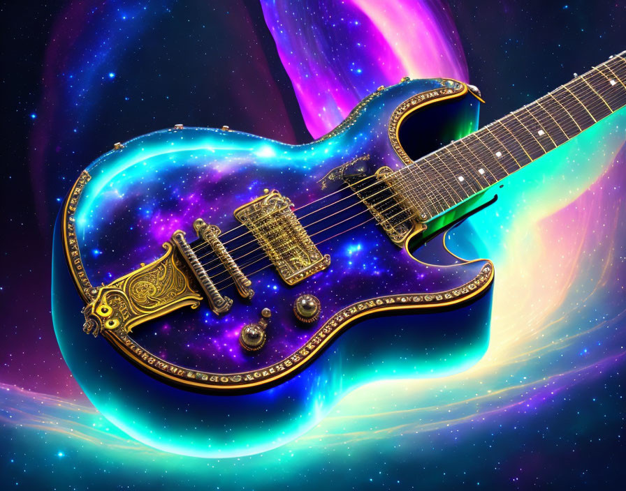 Cosmic Design Electric Guitar with Golden Accents on Space-themed Backdrop