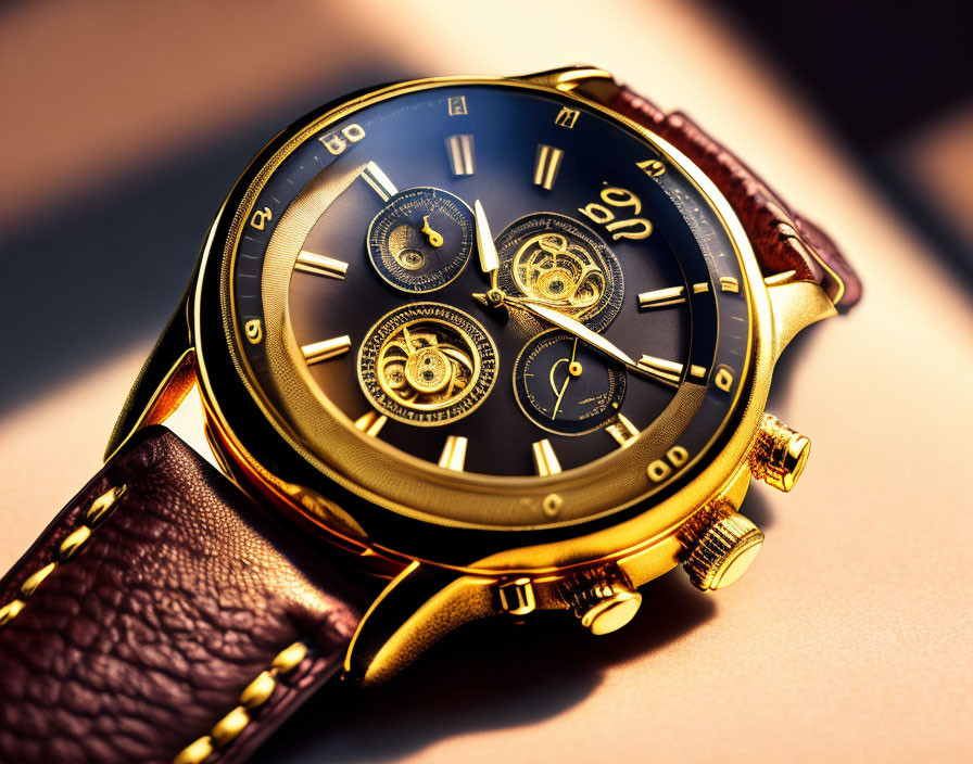 Golden Mechanical Watch with Visible Gears & Brown Leather Strap