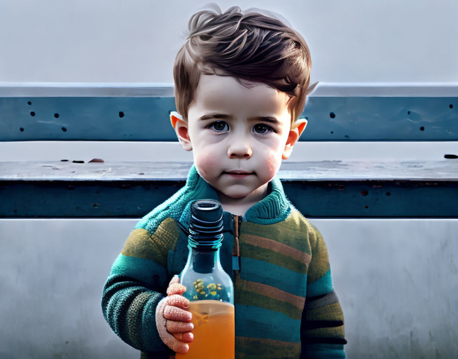 Child in Striped Sweater Holds Orange Juice Bottle with Stylish Hair