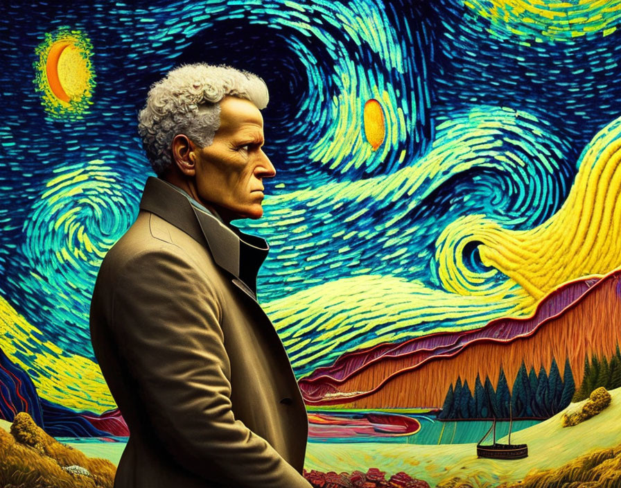 Digital artwork featuring contemplative man's profile merged with Van Gogh-inspired swirling sky & surreal landscape