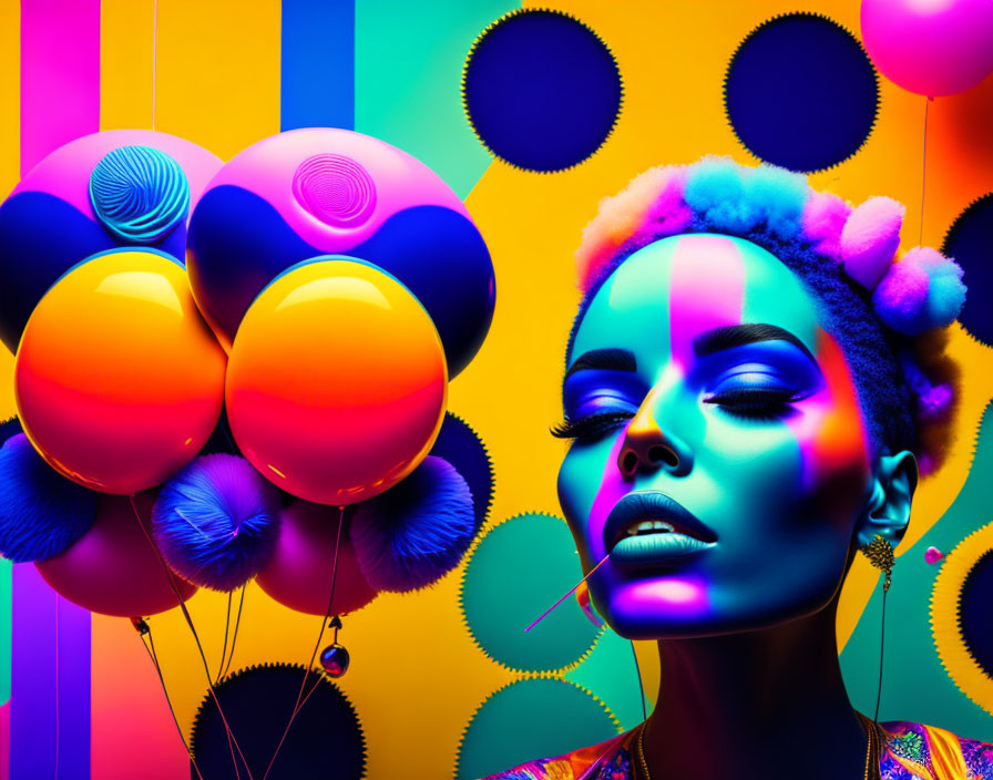 Colorful portrait of woman with makeup and balloons on striped background