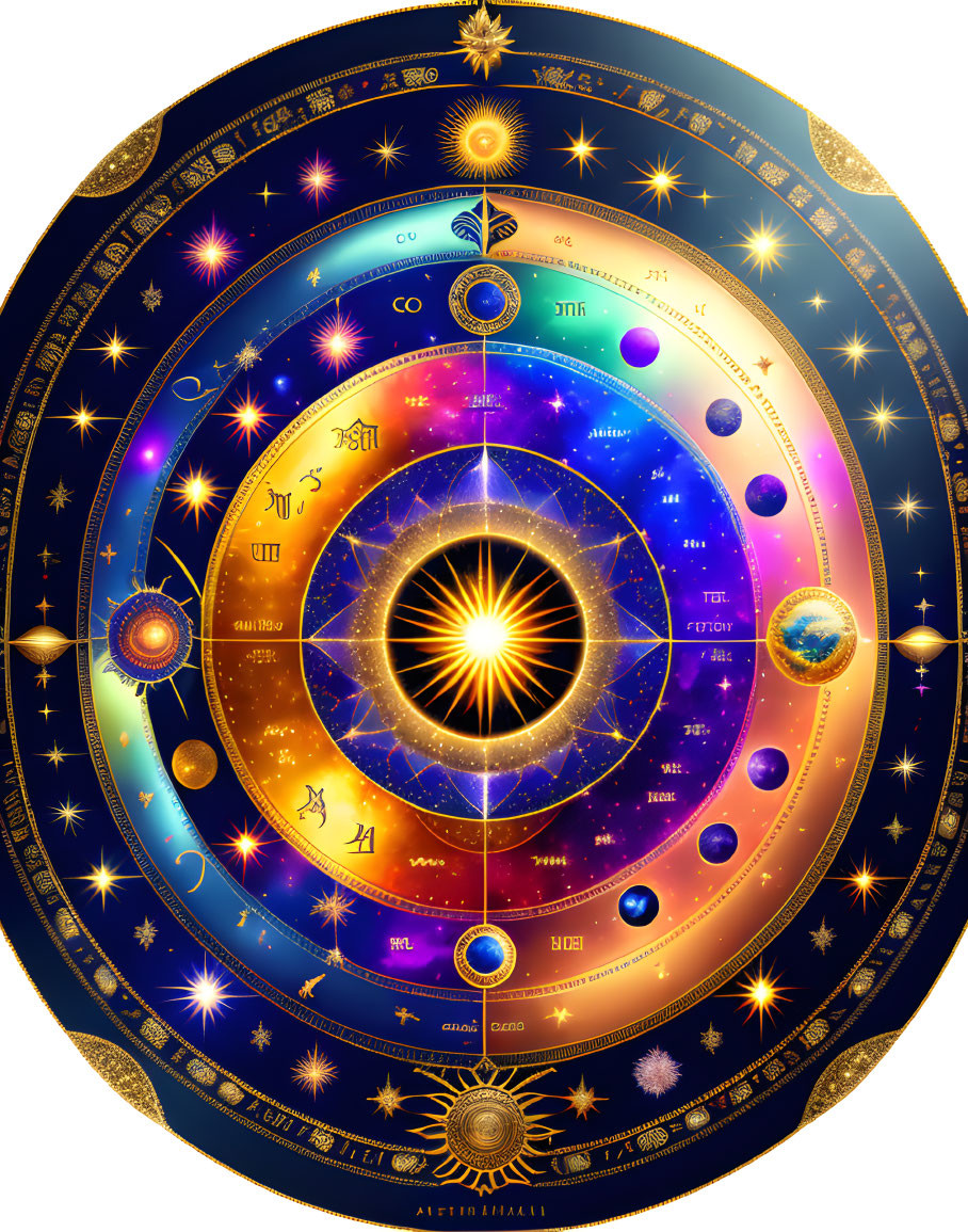 Detailed Astrological Chart with Zodiac Signs and Planetary Symbols