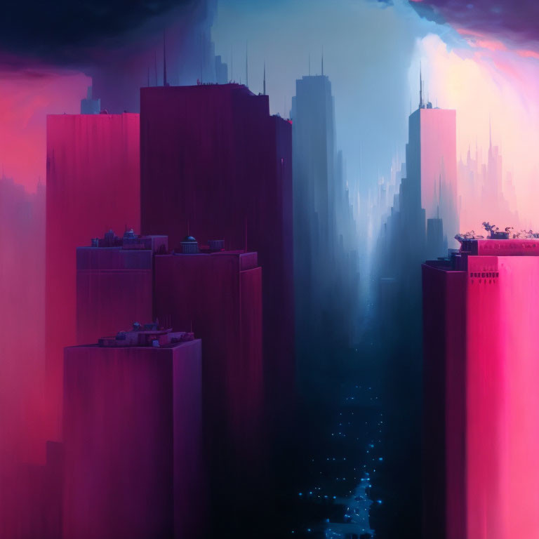 Futuristic cityscape with neon skyscrapers at dusk