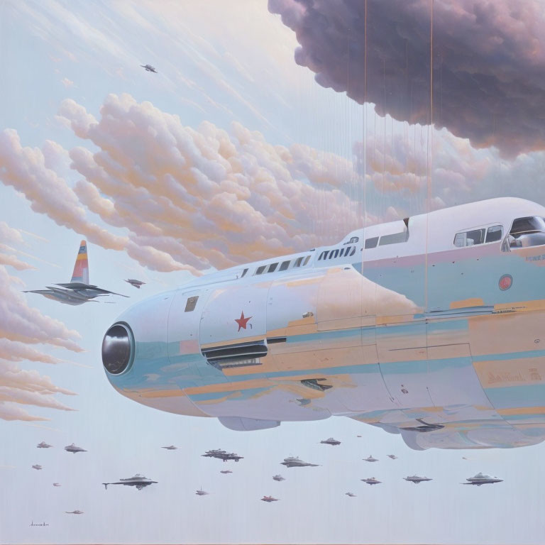 Military aircraft fleet flying in fluffy clouds with red star insignia under pastel sky